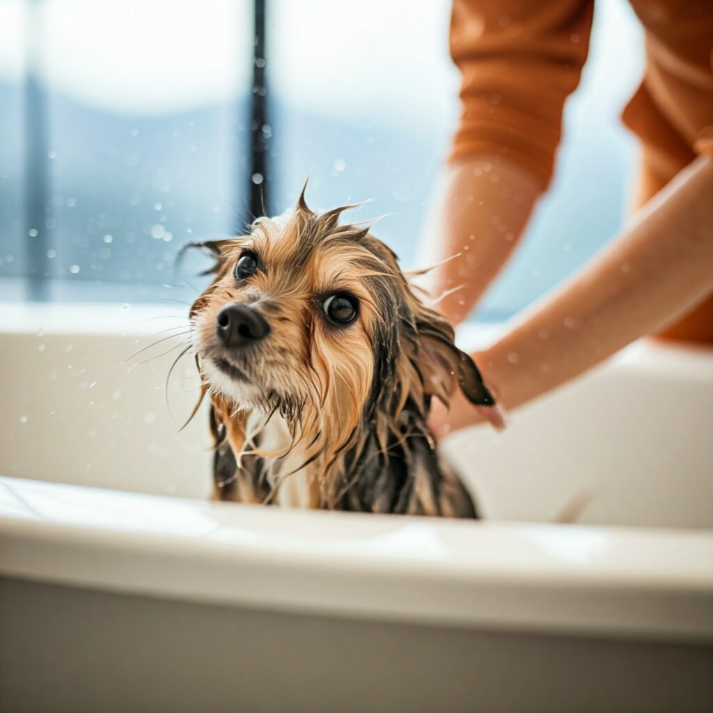 bathing a dog